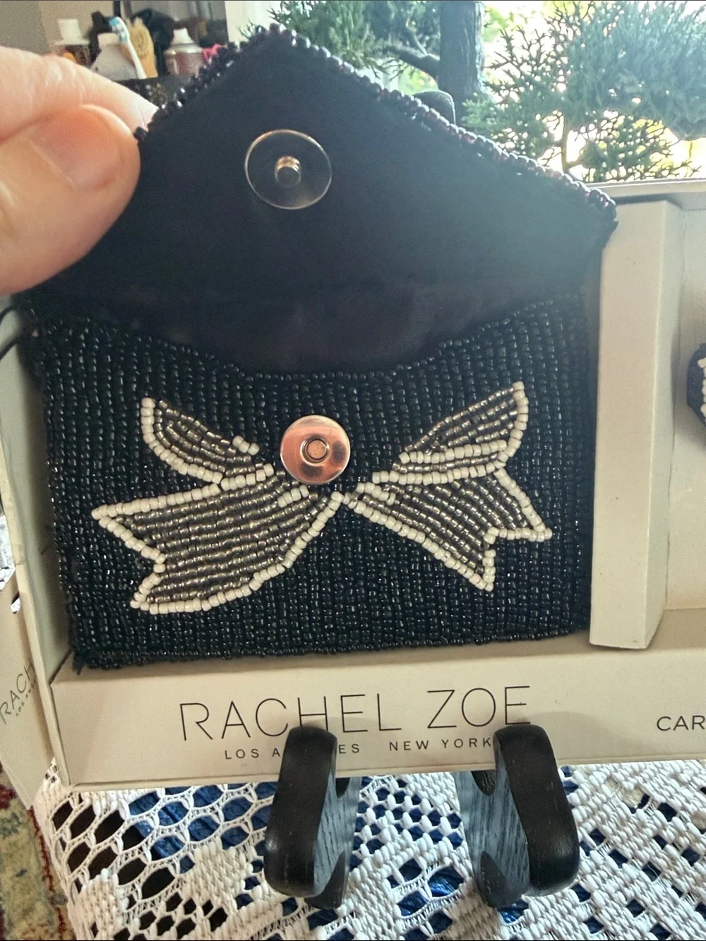 Rachel Zoe Black Beaded Card Case with Black & White Bow Charm